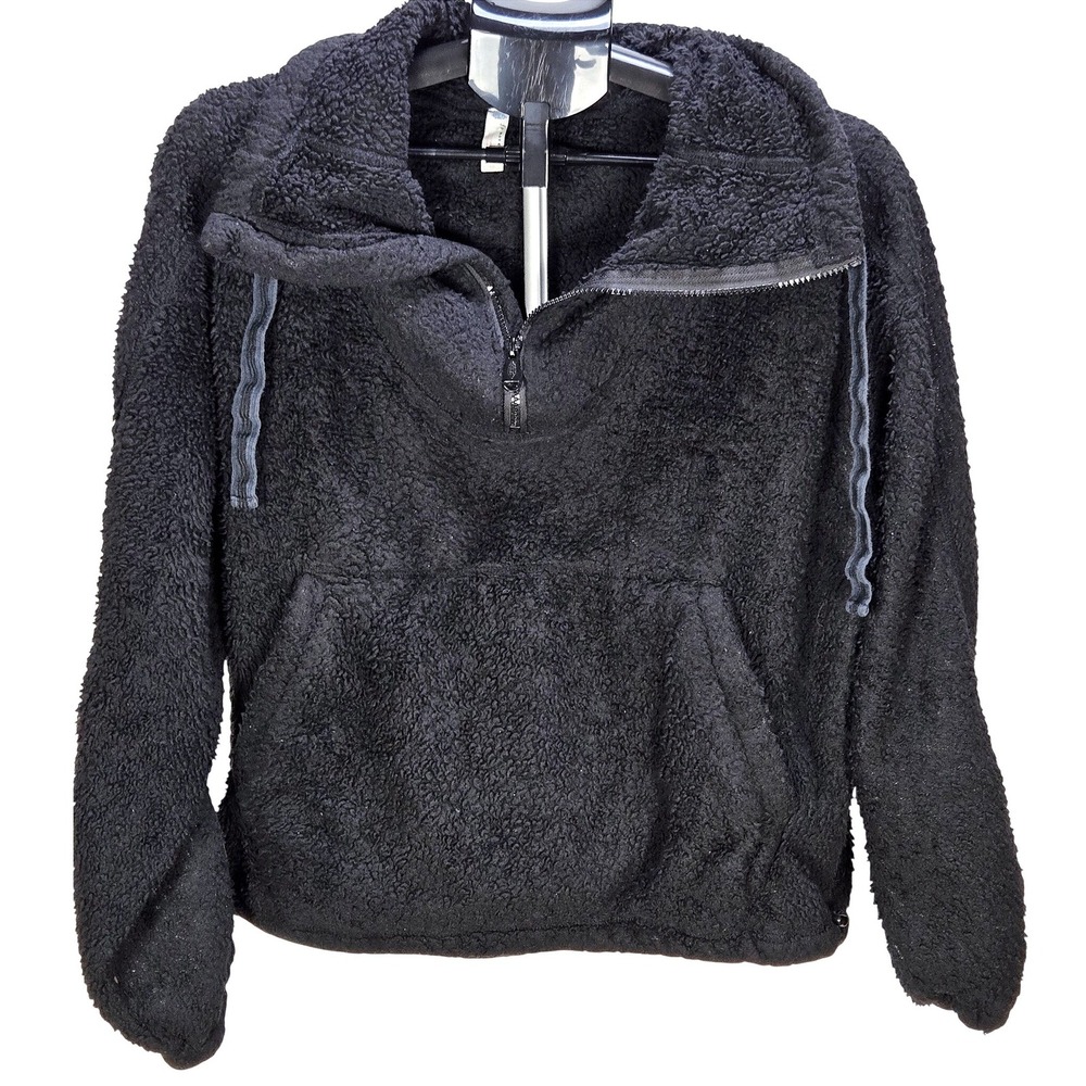 Women's Free People FP Movement Small Big Sky Black Sherpa Quarter Zip Pullover